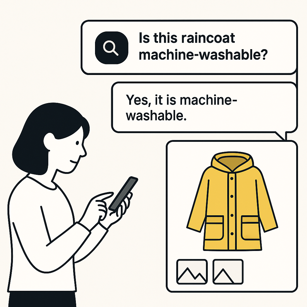 Illustration of shopper asking AI assistant about product specifications in an e-commerce store
